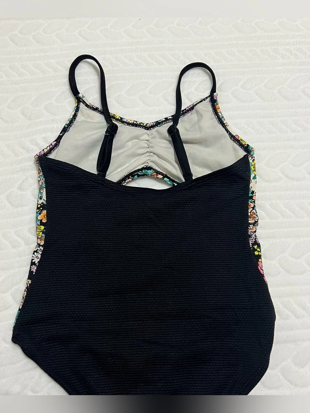 💗 Art Class - Girls Black Floral Cutout Swimsuit with Pink, Yellow, Teal Flowers